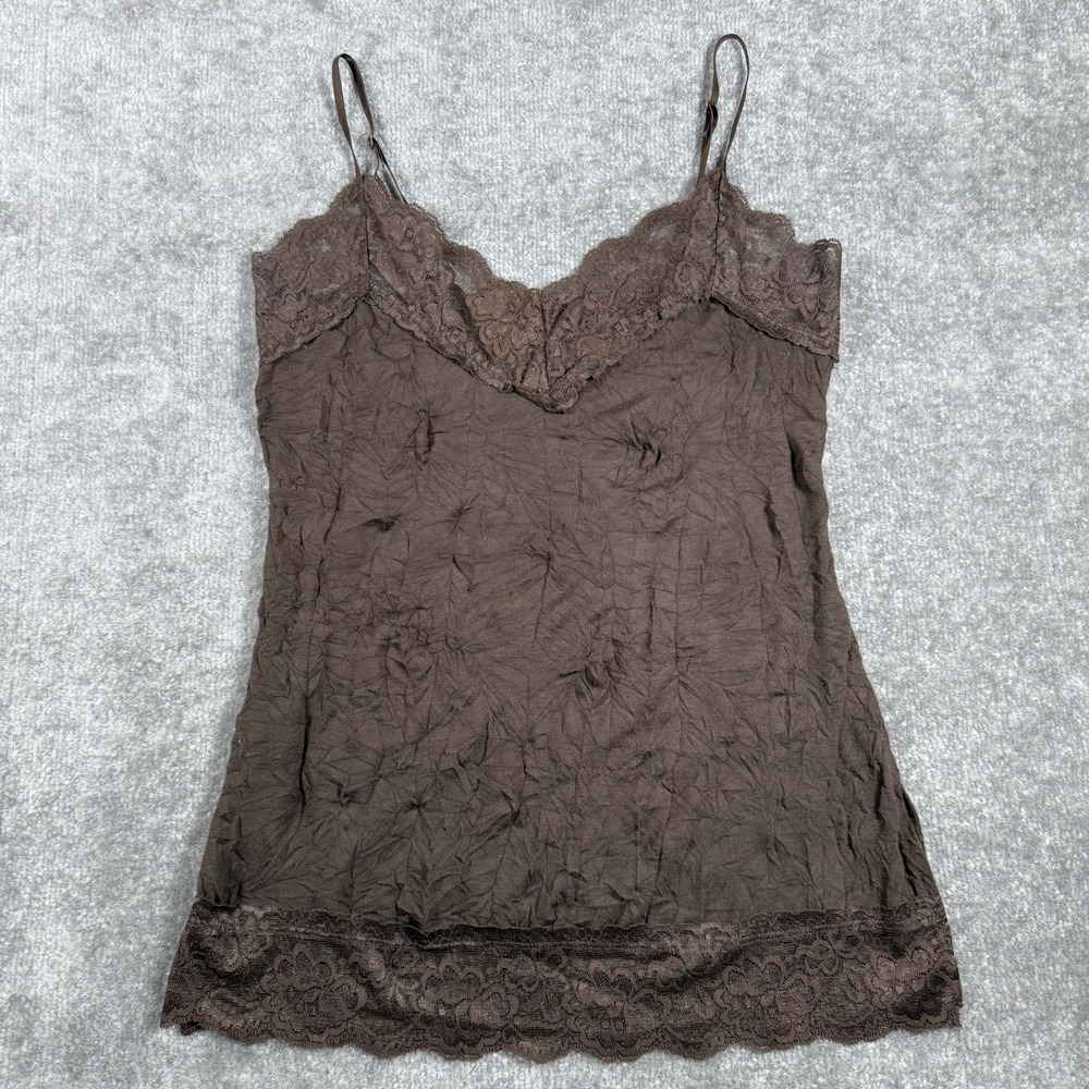 Vintage Weavers Girl Tank Women's Medium Brown Cami Lace Trim Crinkle Y2K
